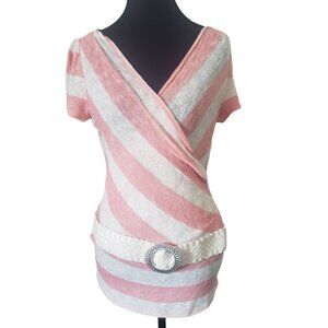 Y2K Deb Womens Belted Knitted Short Sleeve V Neck‎ Blouse Size S Summer Festival